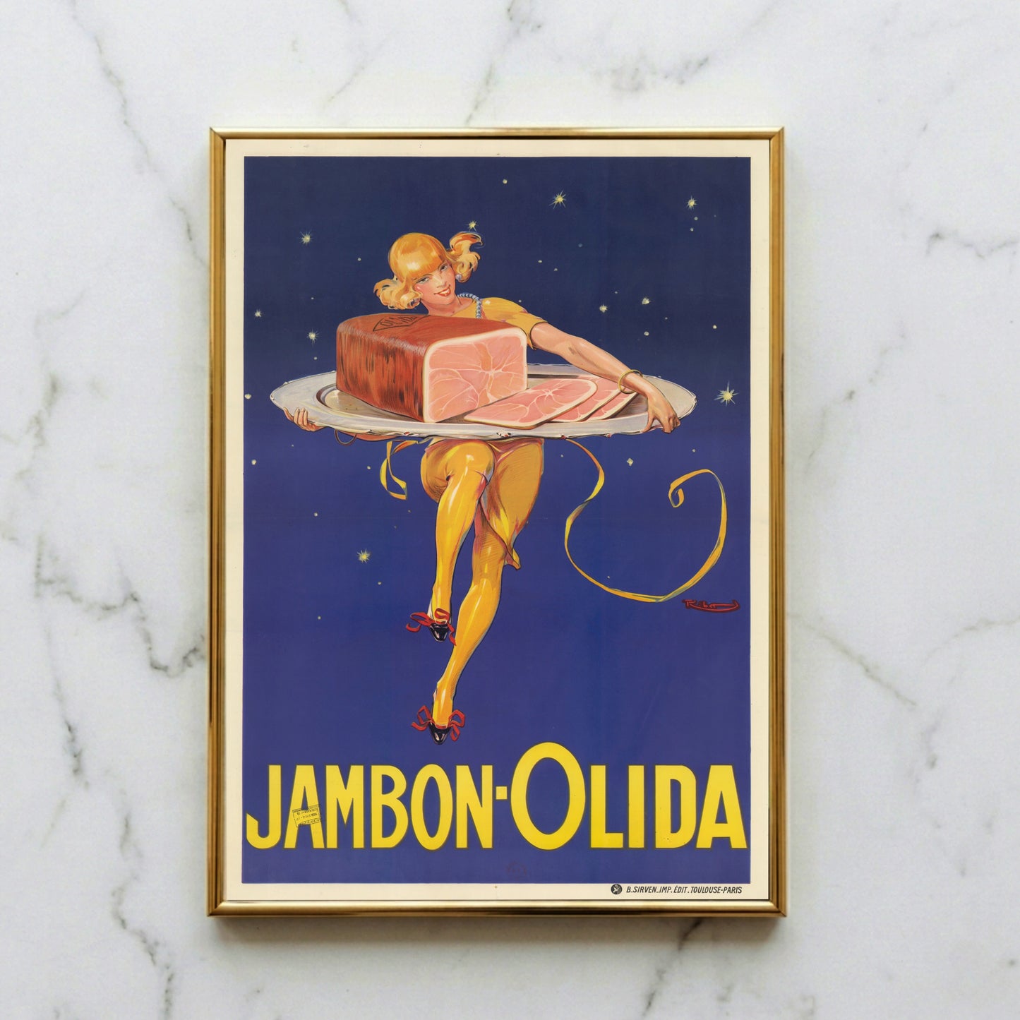 Vintage Werbeplakat Jambon Olida von Renato Berti 1927 zeigt eine Frau mit Schinken vor Sternenhimmel.