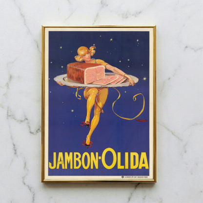 Vintage Werbeplakat Jambon Olida von Renato Berti 1927 zeigt eine Frau mit Schinken vor Sternenhimmel.