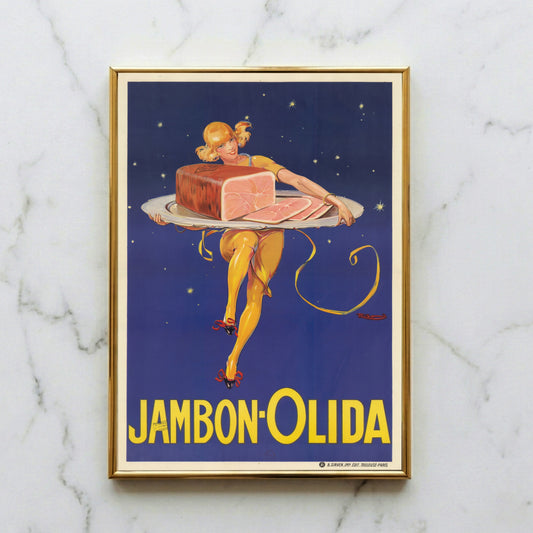 Vintage Werbeplakat Jambon Olida von Renato Berti 1927 zeigt eine Frau mit Schinken vor Sternenhimmel.