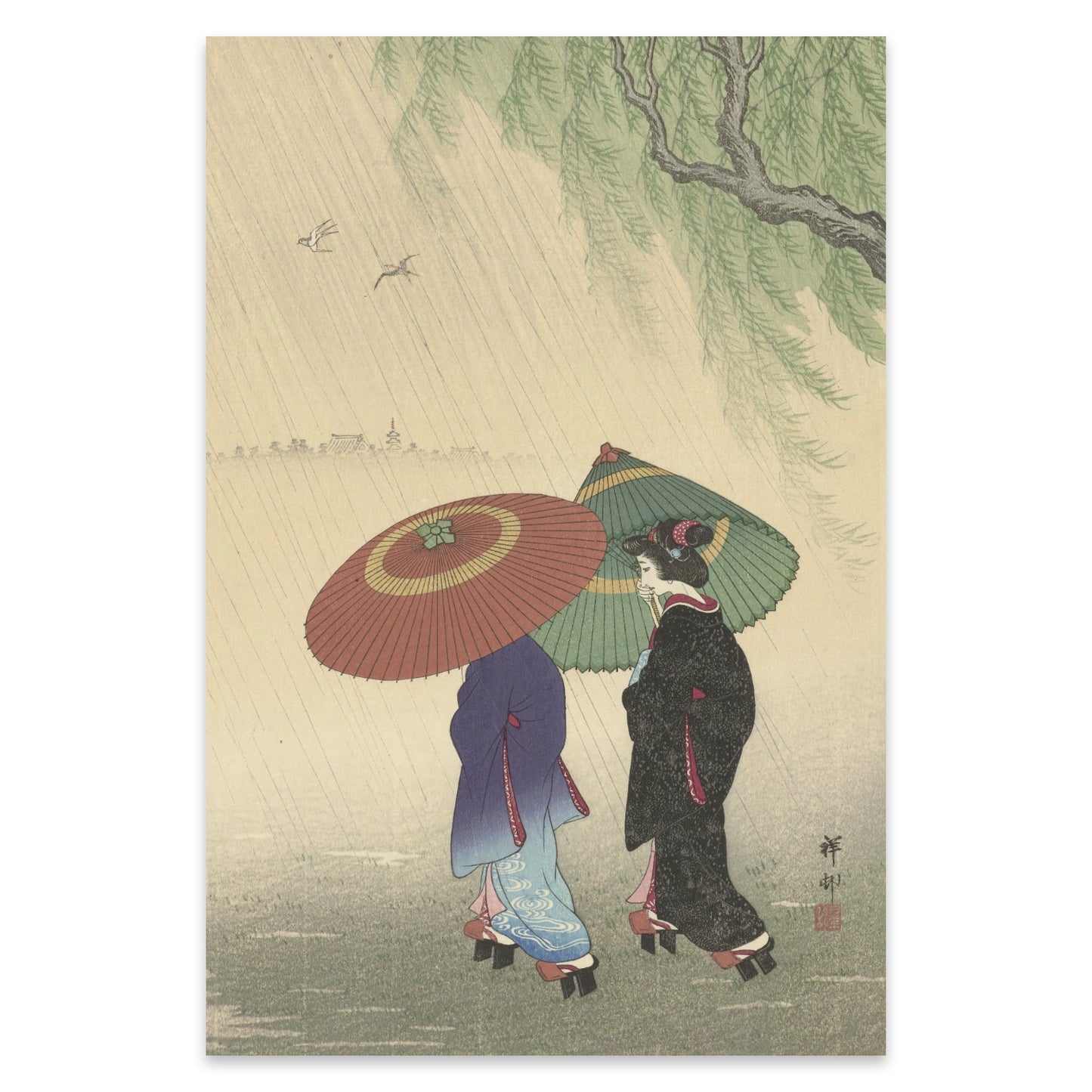 Klassische japanische Kunst zeigt Frauen mit Geta-Sandalen und Schirmen im Regen.