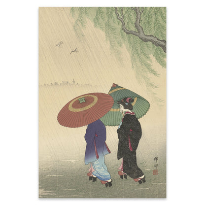 Klassische japanische Kunst zeigt Frauen mit Geta-Sandalen und Schirmen im Regen.