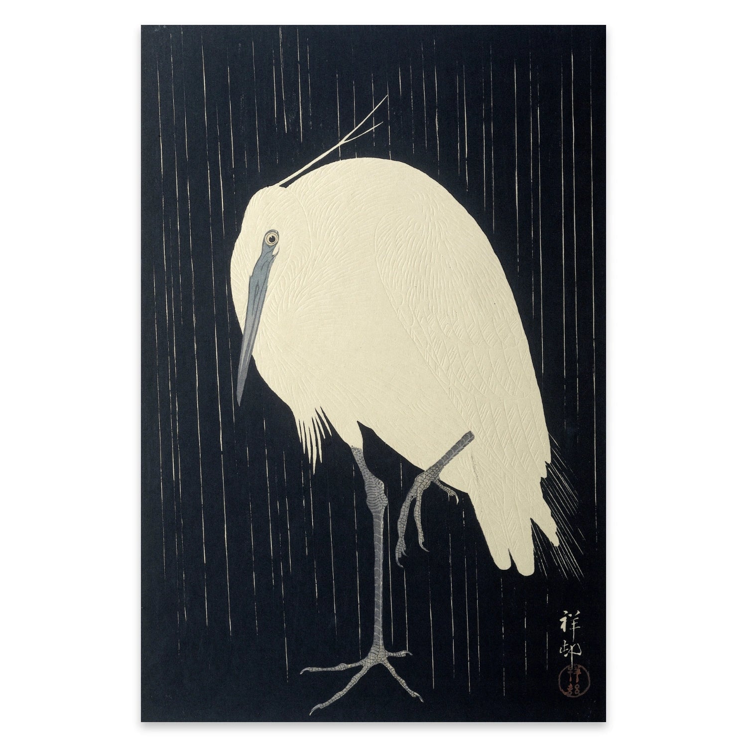 Minimalistischer japanischer Kunstdruck von Ohara Koson zeigt einen stehenden Reiher.