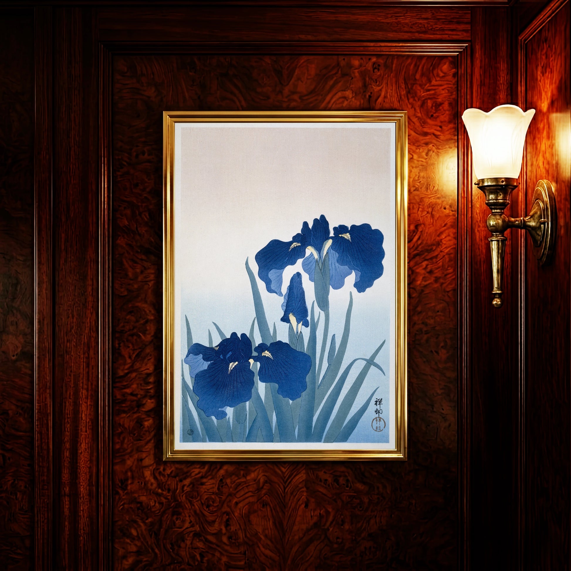 Shin-Hanga Kunstwerk mit tiefblauen Lilienblüten