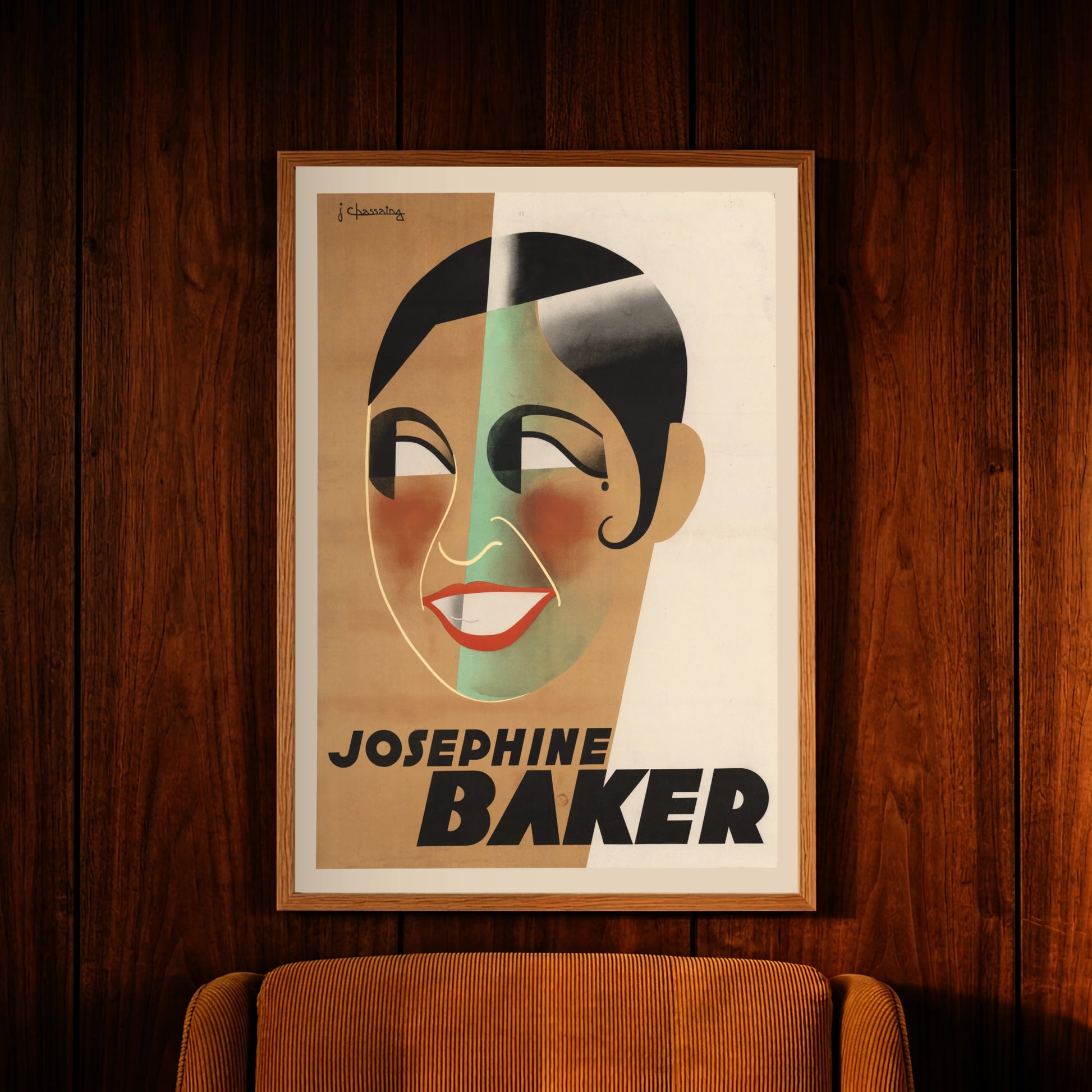 Vintage-Plakat mit geometrischen Formen und Farben in Braun, Grün und Schwarz.