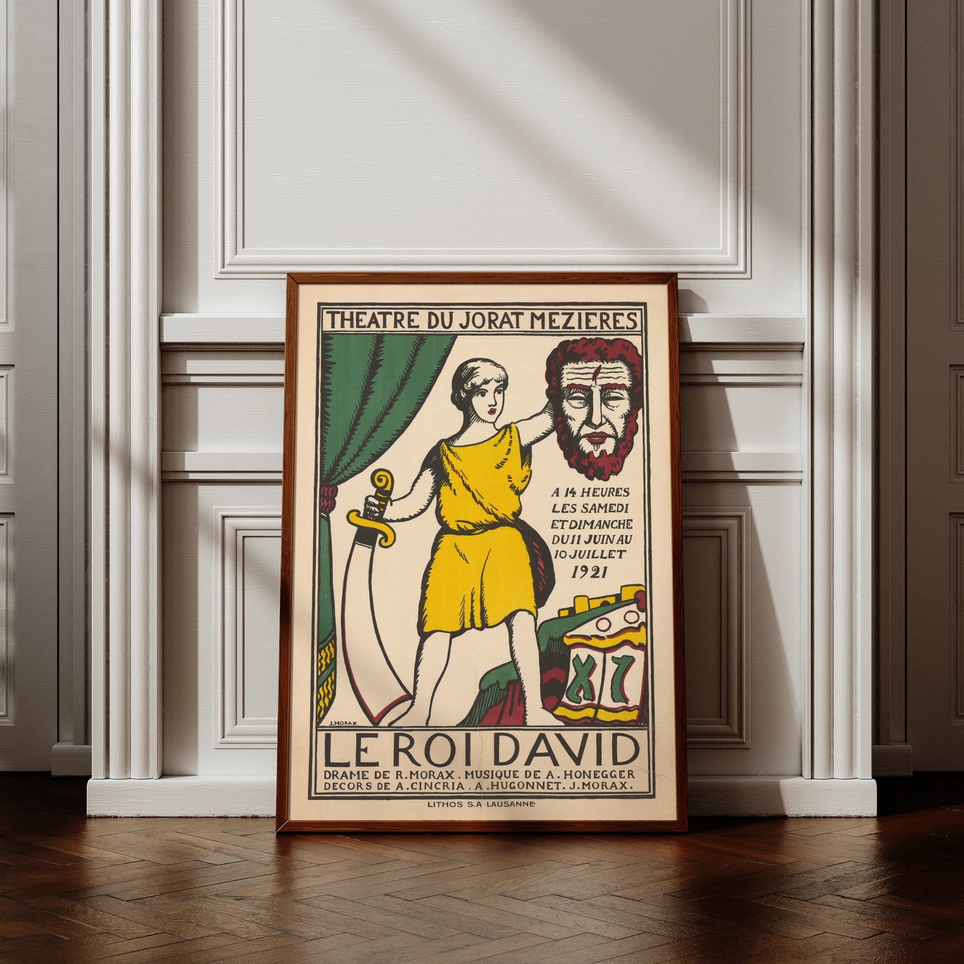 Vintage Theaterplakat von Jean Morax aus dem Jahr 1921 zeigt David mit dem Haupt des Goliath.