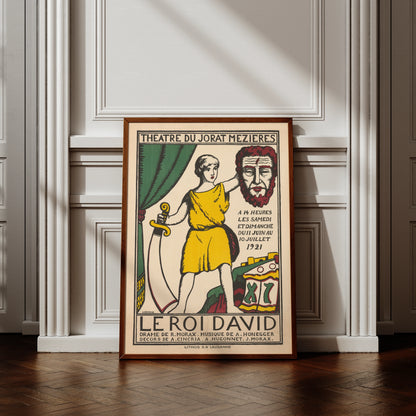 Vintage Theaterplakat von Jean Morax aus dem Jahr 1921 zeigt David mit dem Haupt des Goliath.