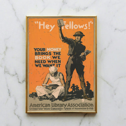 Vintage Poster von 1918 zeigt Soldaten mit Büchern auf orangefarbenem Hintergrund.