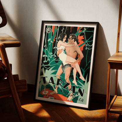 Grafische Illustration von Tarzan, der Jane durch einen grünen Dschungel trägt.
