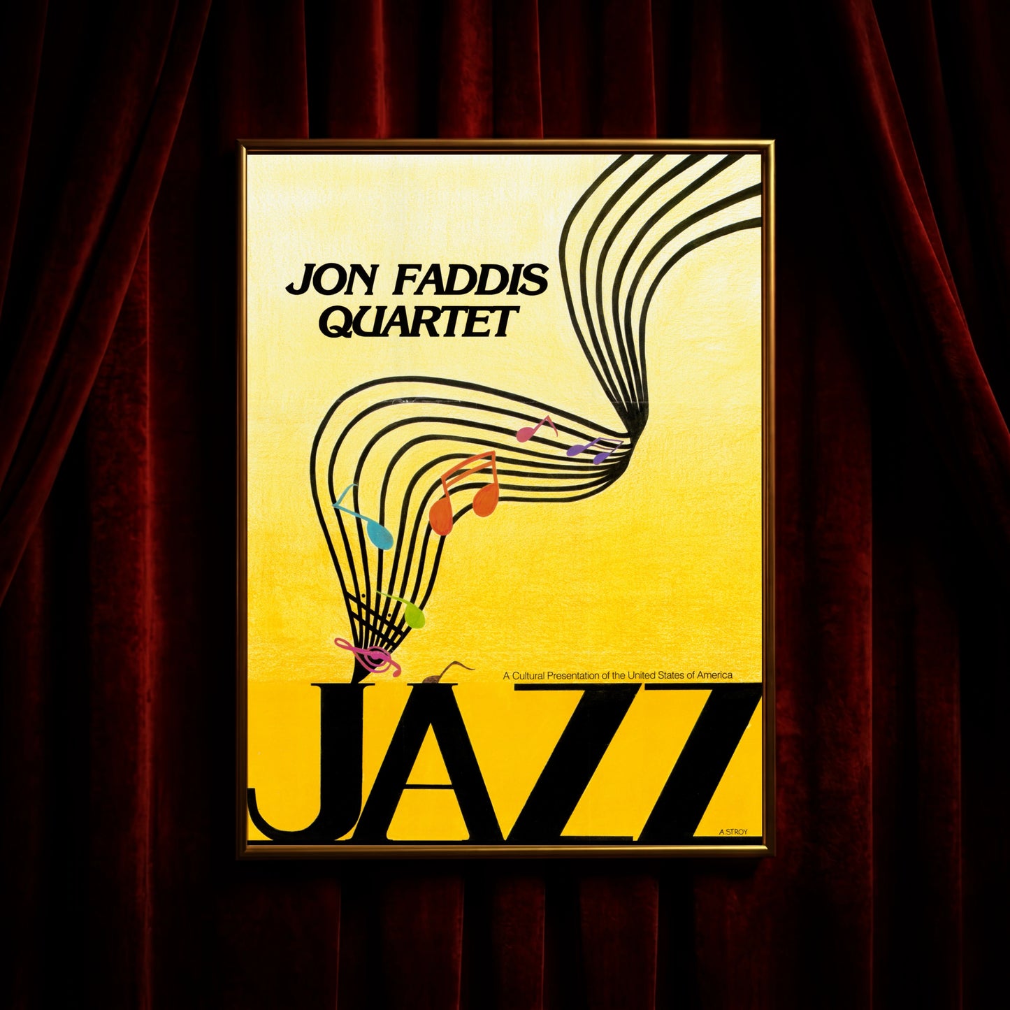 Vintage Jazz Poster des Jon Faddis Quartet mit gelbem Hintergrund und fließenden Notenlinien.