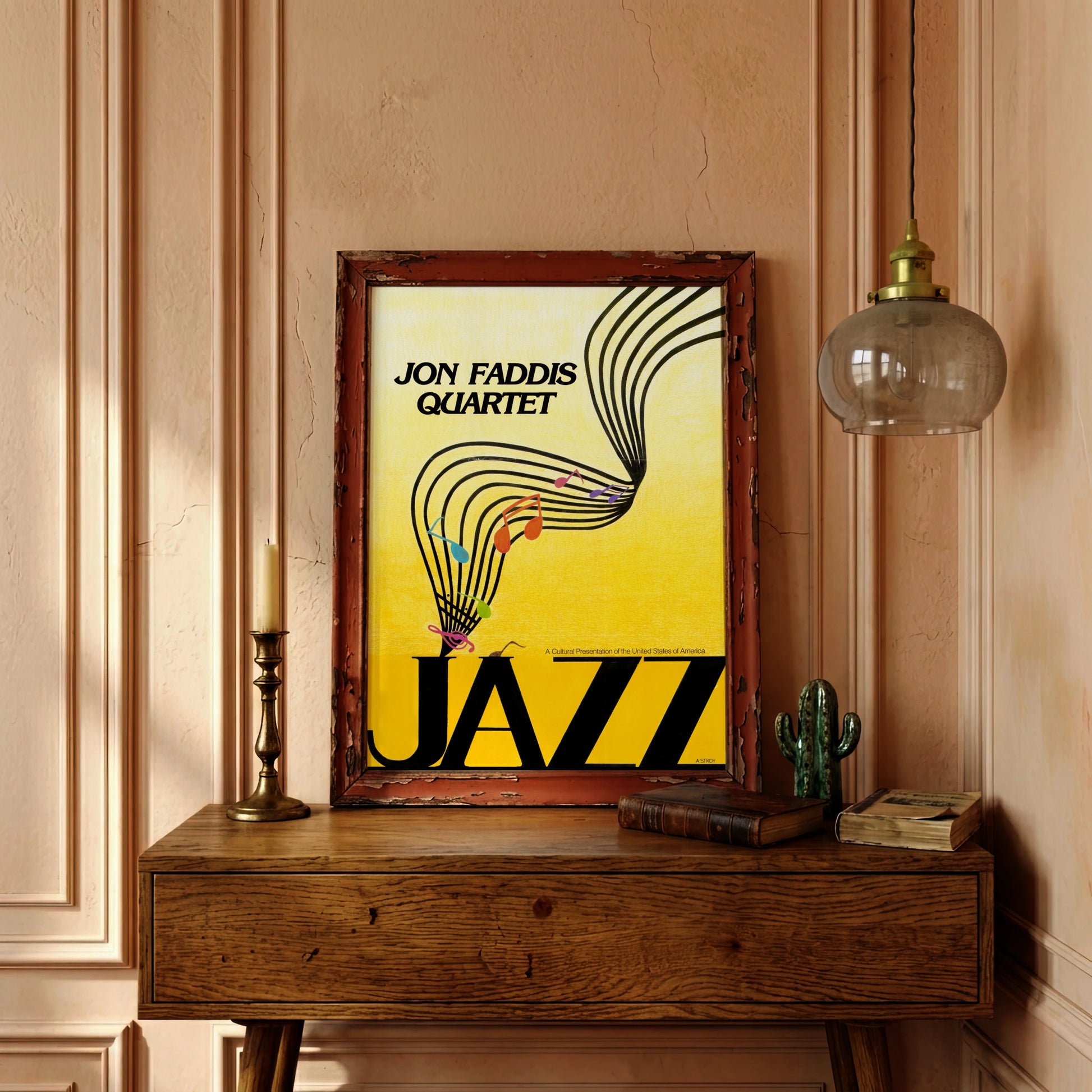 Minimalistisches Musik-Kunstdruck-Motiv für das Jon Faddis Quartet im Retro-Stil.