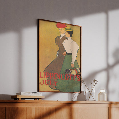 Vintage-Druck zeigt Frauen mit Hüten und langen Kleidern im Jugendstil-Stil.