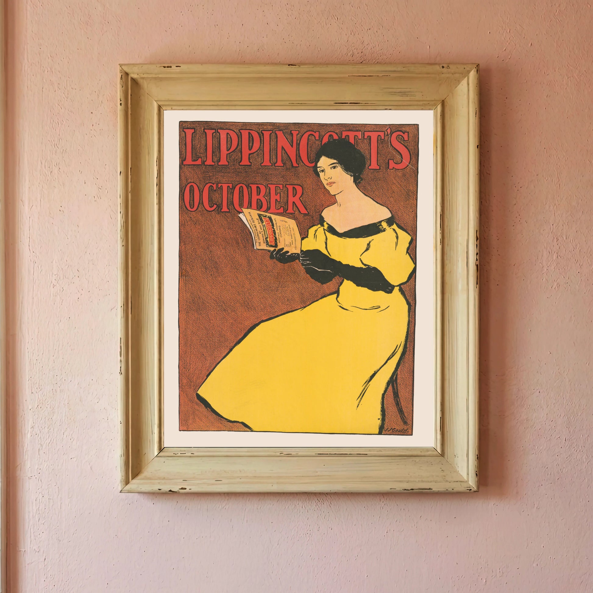Art Nouveau Poster im herbstlichen Farbschema mit roter Typografie.