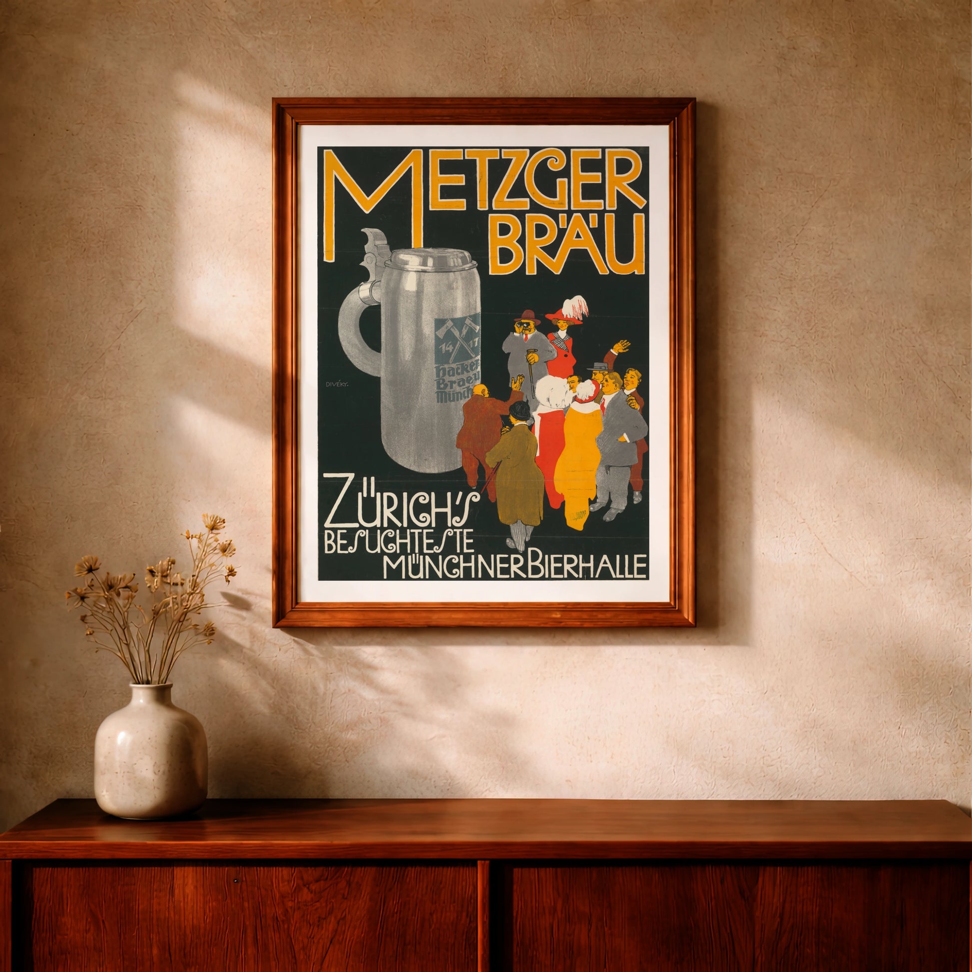 Historisches Plakat einer Münchner Bierhalle in Zürich, entworfen von József Divéky.