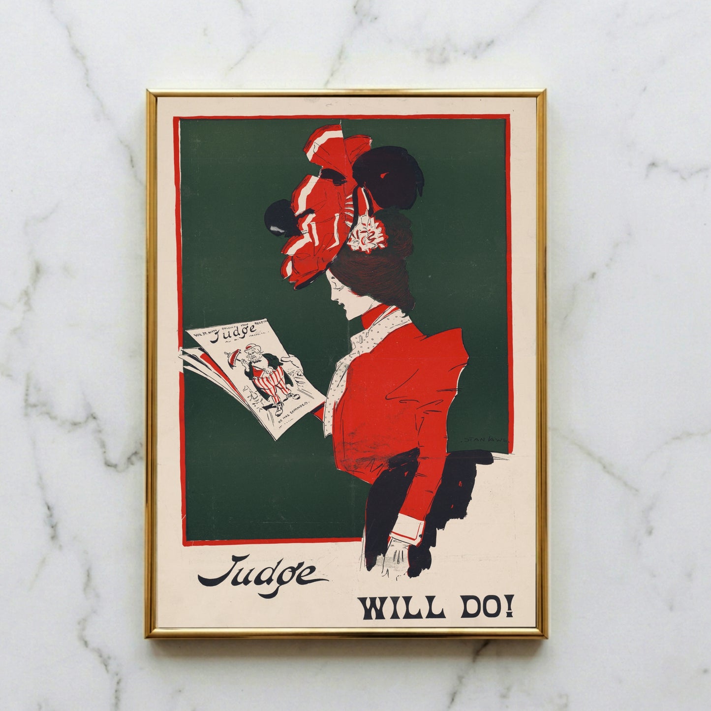 Vintage Illustration einer eleganten Frau in roter Jacke, die das Judge Magazin liest.