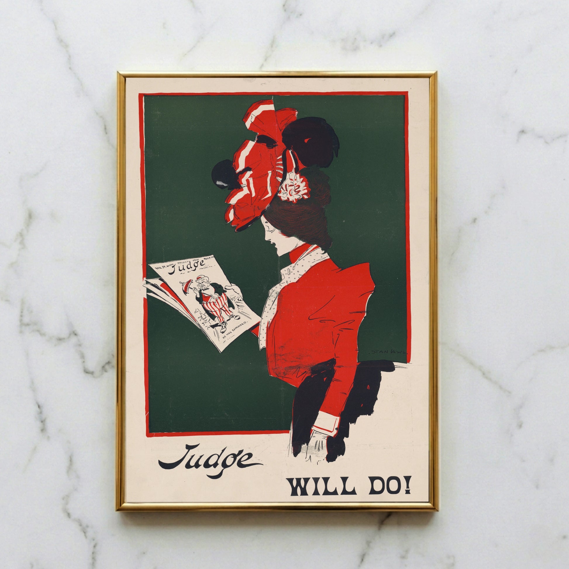 Vintage Illustration einer eleganten Frau in roter Jacke, die das Judge Magazin liest.