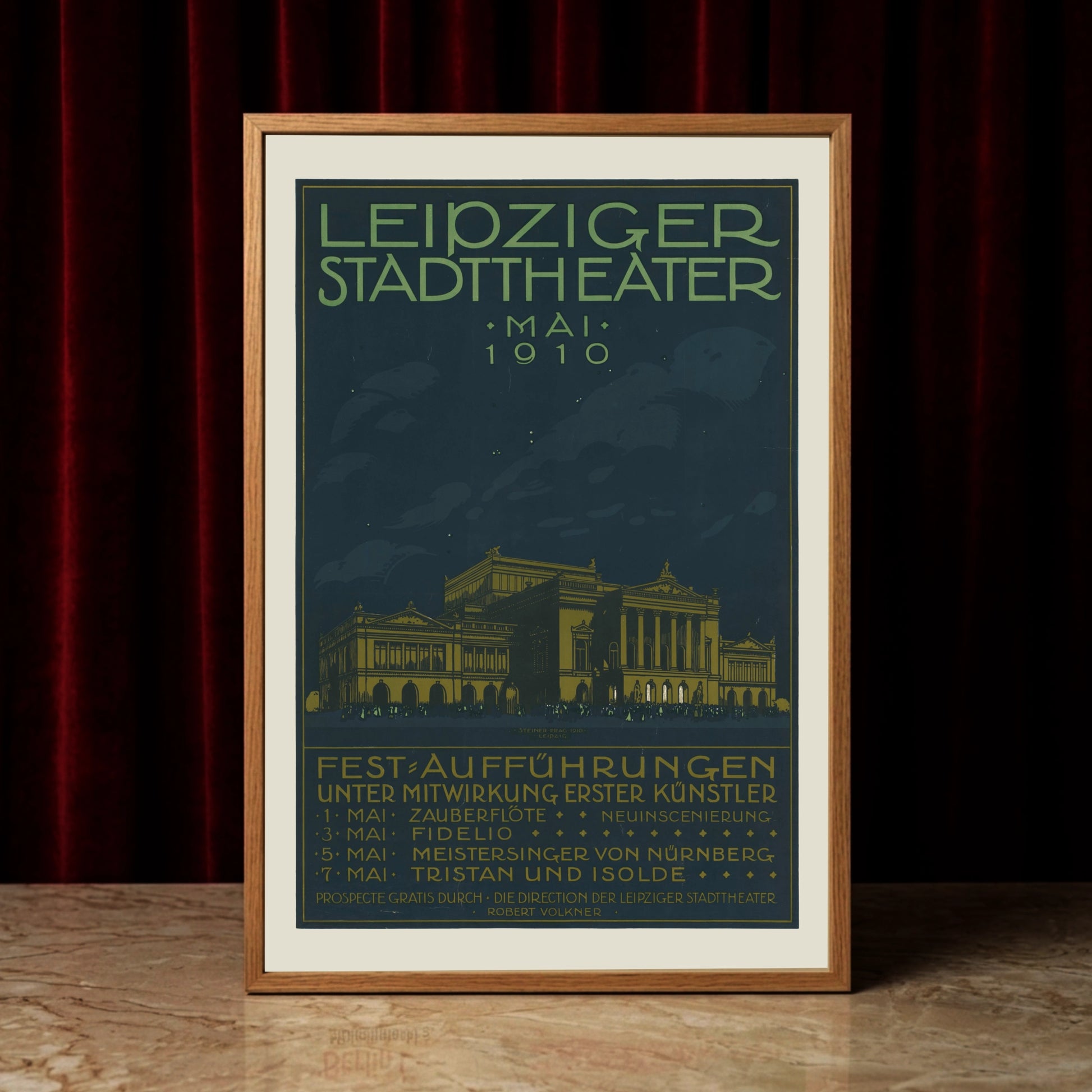 Detailreiche Illustration des Opernhauses Leipzig mit grüner und goldener Schrift.