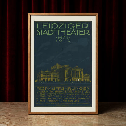 Detailreiche Illustration des Opernhauses Leipzig mit grüner und goldener Schrift.