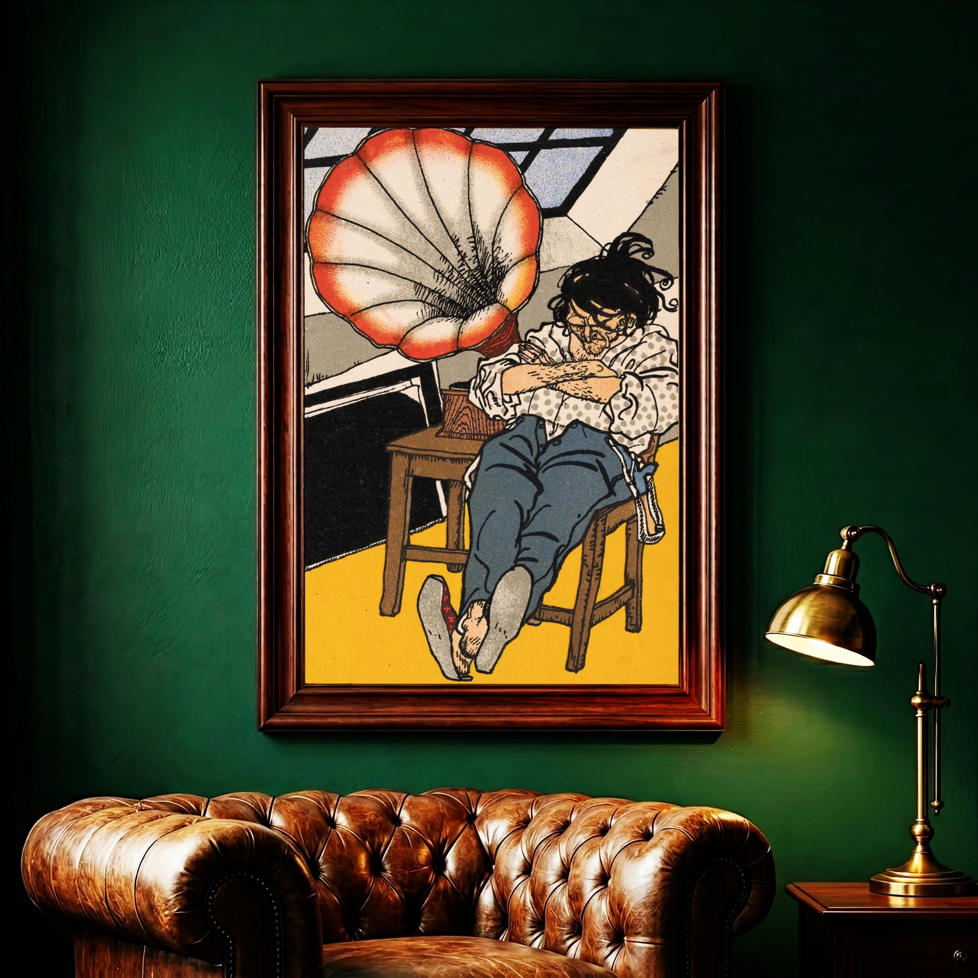 Historische Farbillustration von 1911, schlafende Figur in einem gelben Raum.