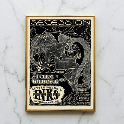Schwarz-weiß Grafik im Stil der Secession mit kunstvoller Typografie für Druckfarben.