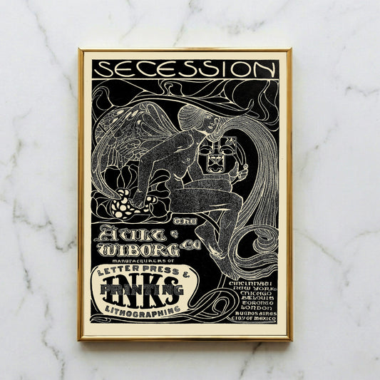 Schwarz-weiß Grafik im Stil der Secession mit kunstvoller Typografie für Druckfarben.
