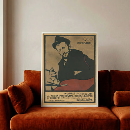 Vintage Kunstplakat Illustration eines Künstlers in Erdtönen und Rot.
