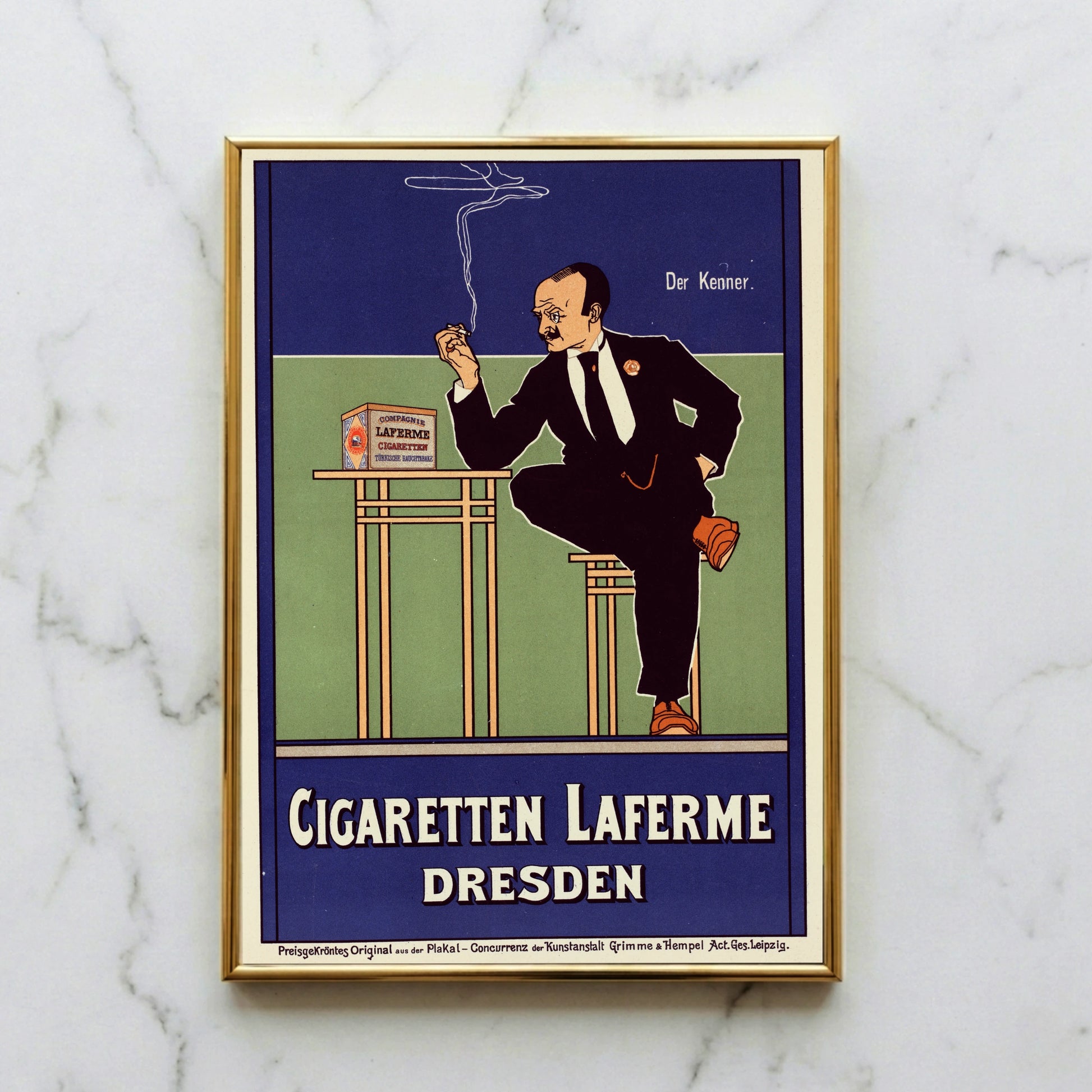 Historisches deutsches Zigarettenplakat mit der Aufschrift Der Kenner und Laferme Dresden.