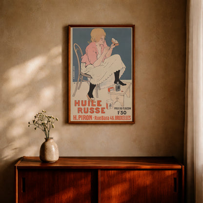 Detaillierte Illustration einer Frau auf einem Thonet-Stuhl in einer historischen Werbegrafik.