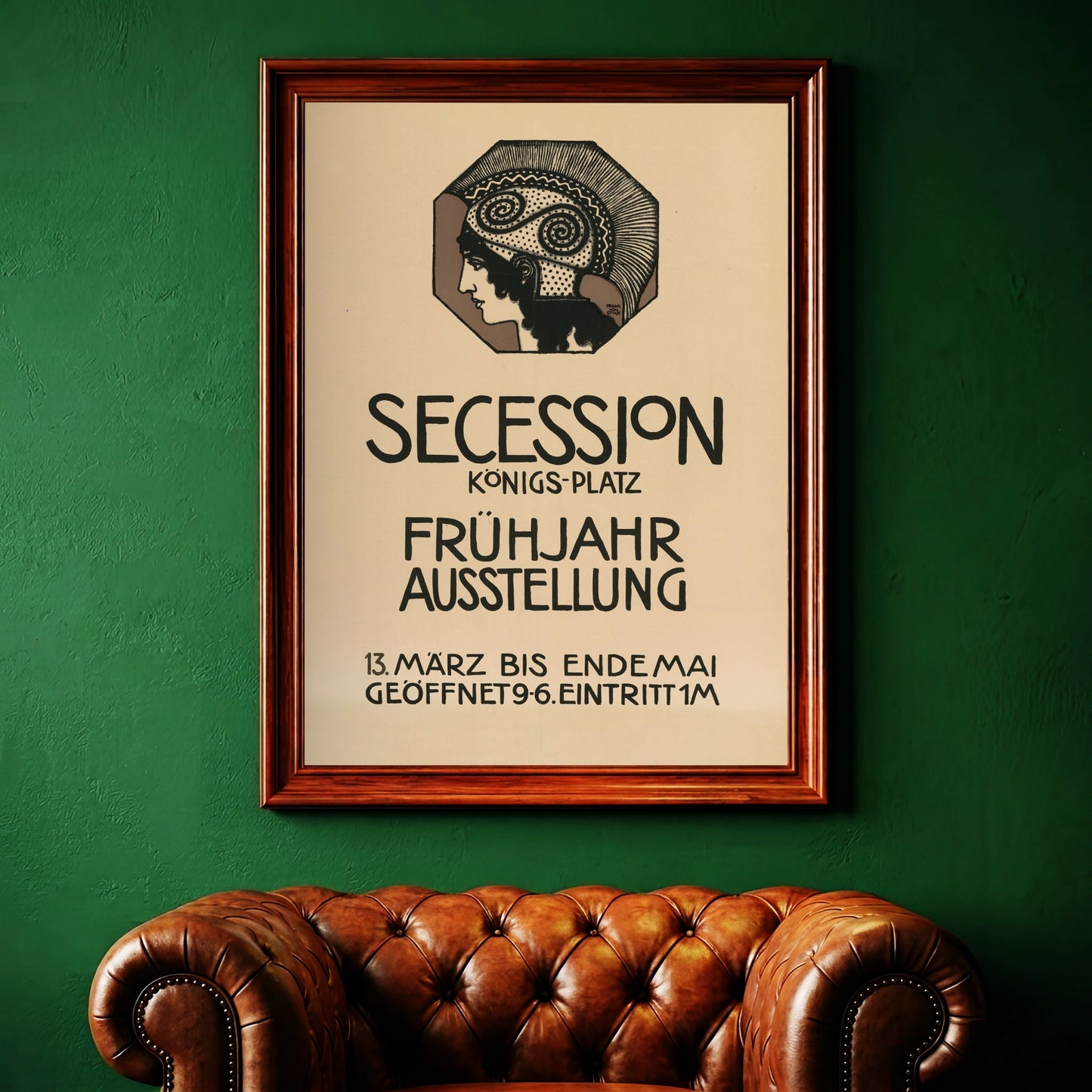 Sekessions-Poster von Franz von Stuck mit historischem Datum und Eintrittspreisen in klassischer Plakatschrift.