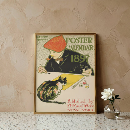 Retro Grafik einer Katze vor einem gelben Blatt Papier in einem Künstleratelier.