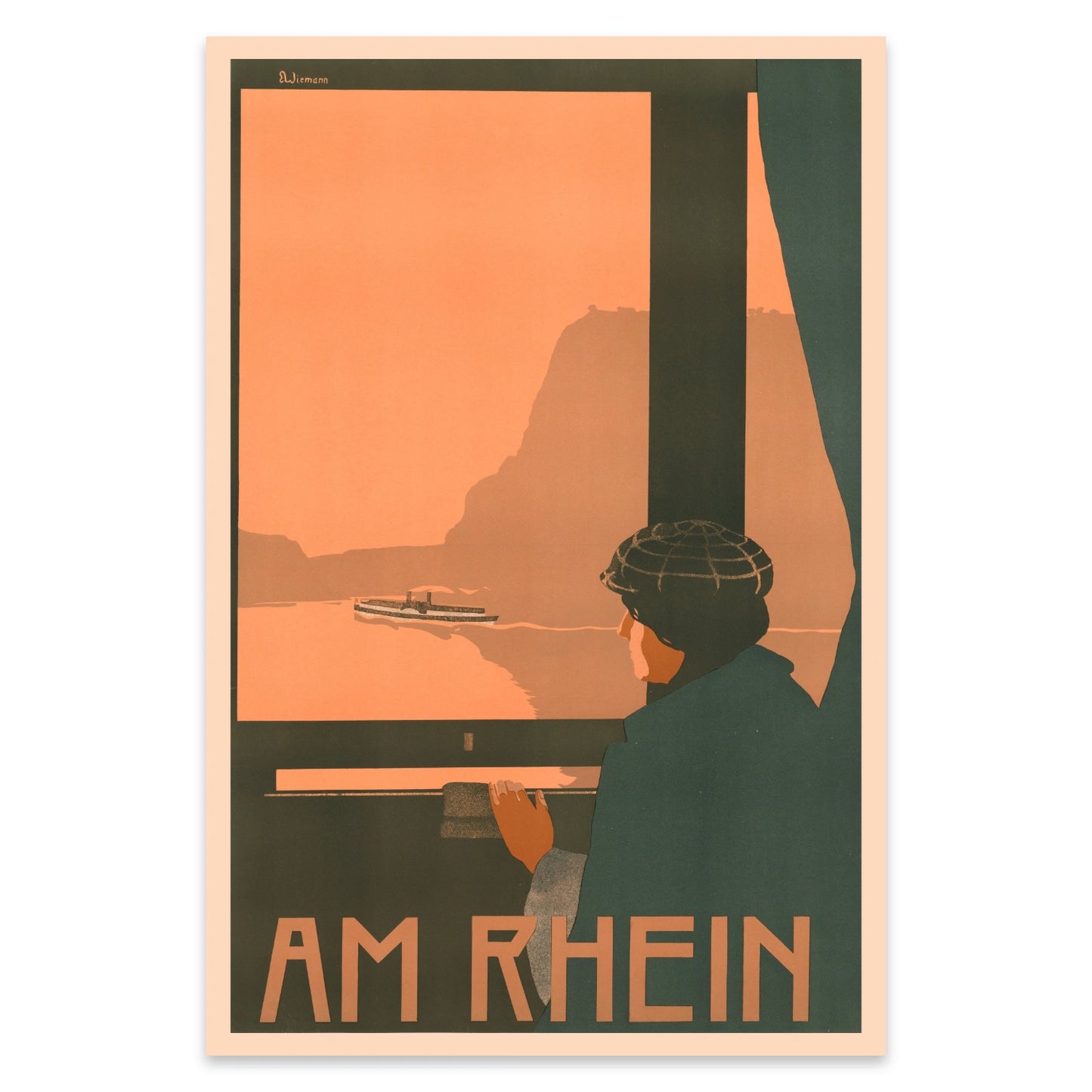 Ernst Wiemann Kunstreproduktion Am Rhein für stilvolle Wanddekoration im Retro-Stil.
