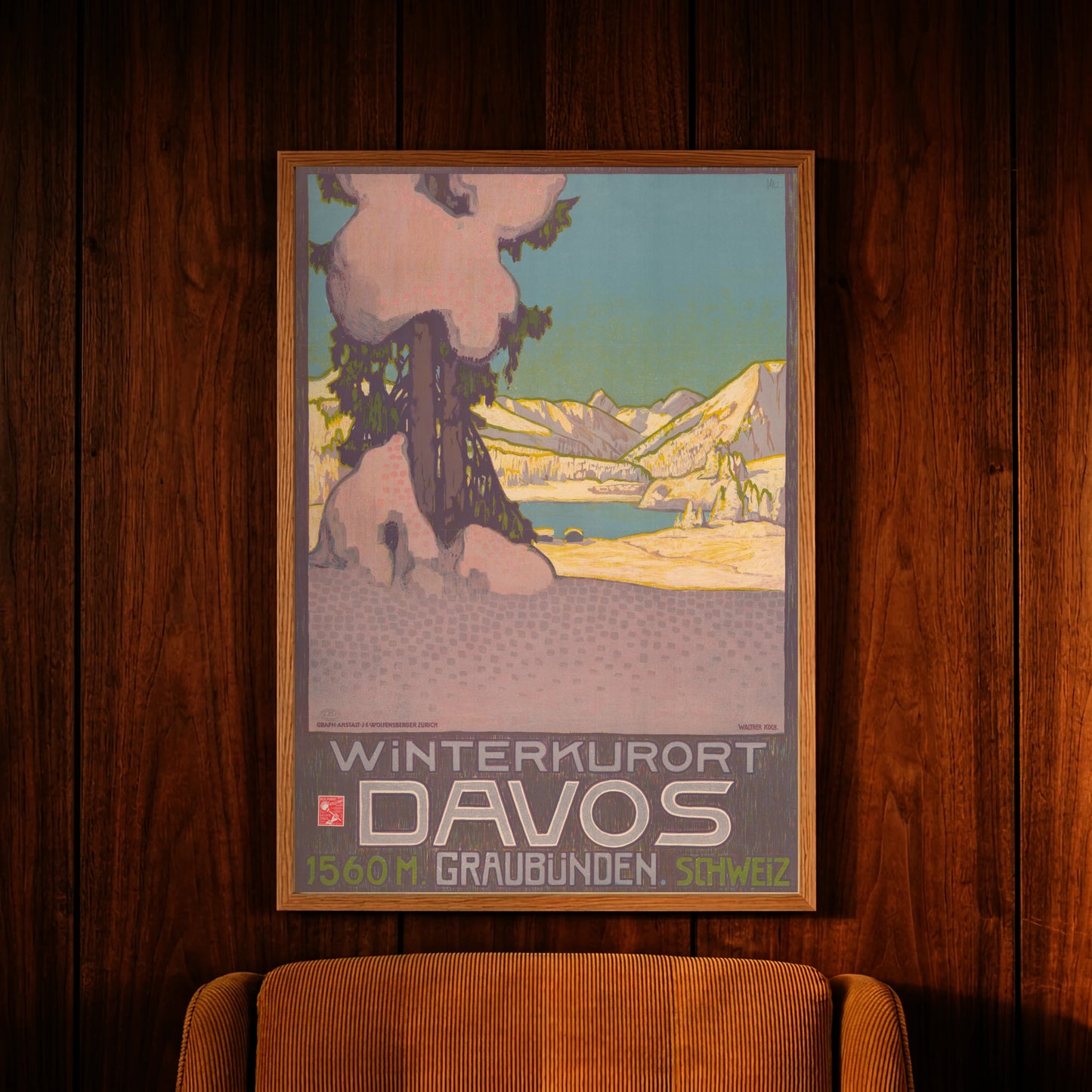 Pastellfarbene Illustration der Schweizer Alpen von Walther Koch um 1905.