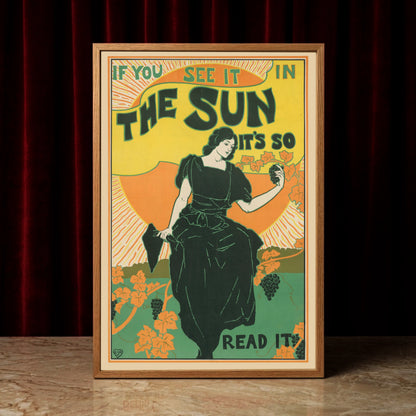 Louis Rhead Kunstdruck mit orangener Sonne und historischem Werbespruch.