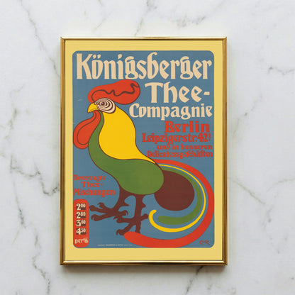 Nahaufnahme der Vintage-Typografie 'Königsberger Thee-Compagnie' auf einem Poster.
