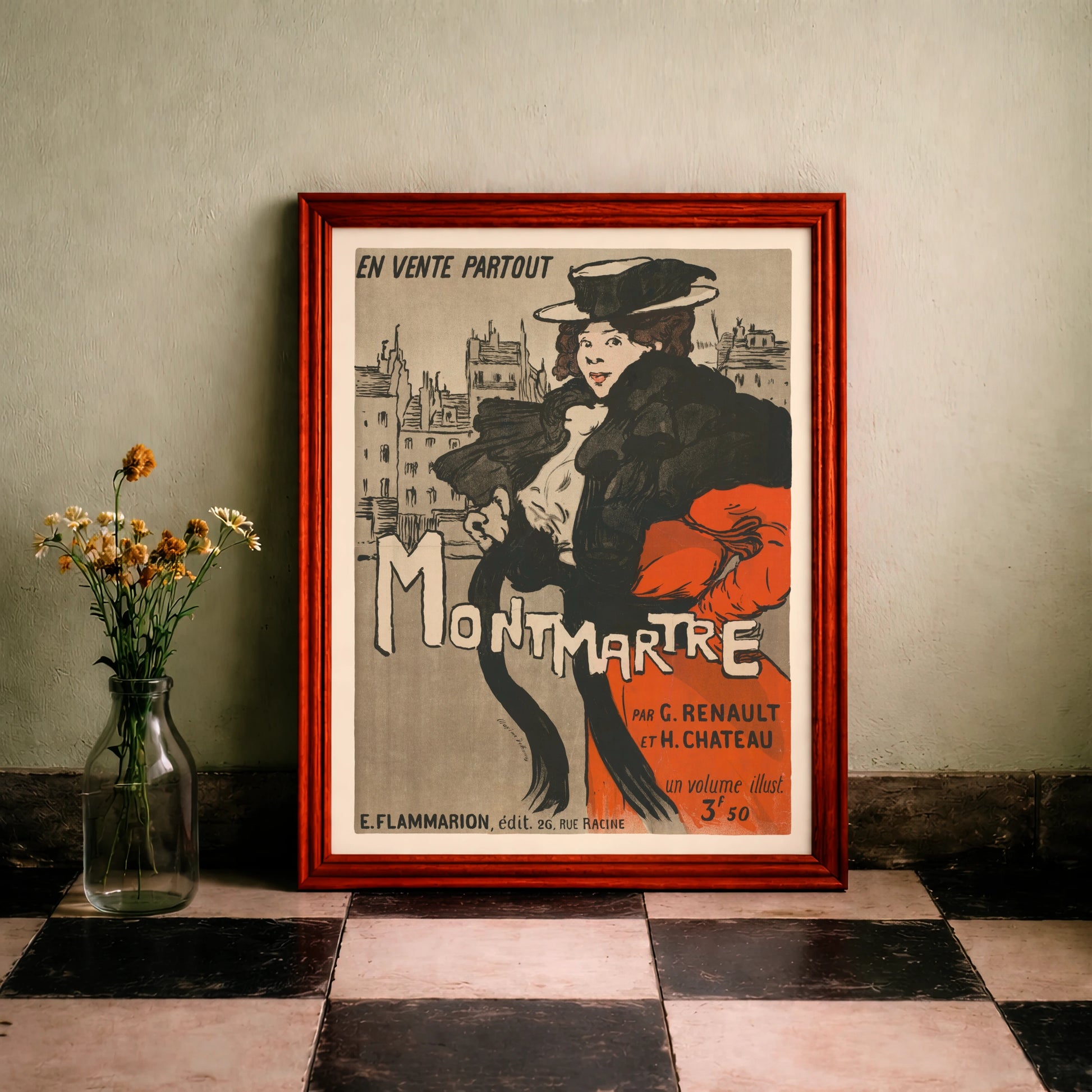 Jugendstil Illustration einer Frau mit Hut und Pelzkragen vor dem Hintergrund von Montmartre.