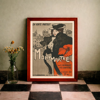 Jugendstil Illustration einer Frau mit Hut und Pelzkragen vor dem Hintergrund von Montmartre.