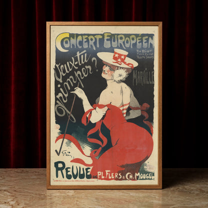 Detailreiches Plakat von Jules-Alexandre Grün mit einer Dame mit weißem Hut und roter Schleife.