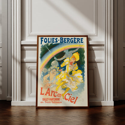 Farbenfrohes Vintage-Theaterplakat von Jules Chéret mit tanzender Frau in Gelb.