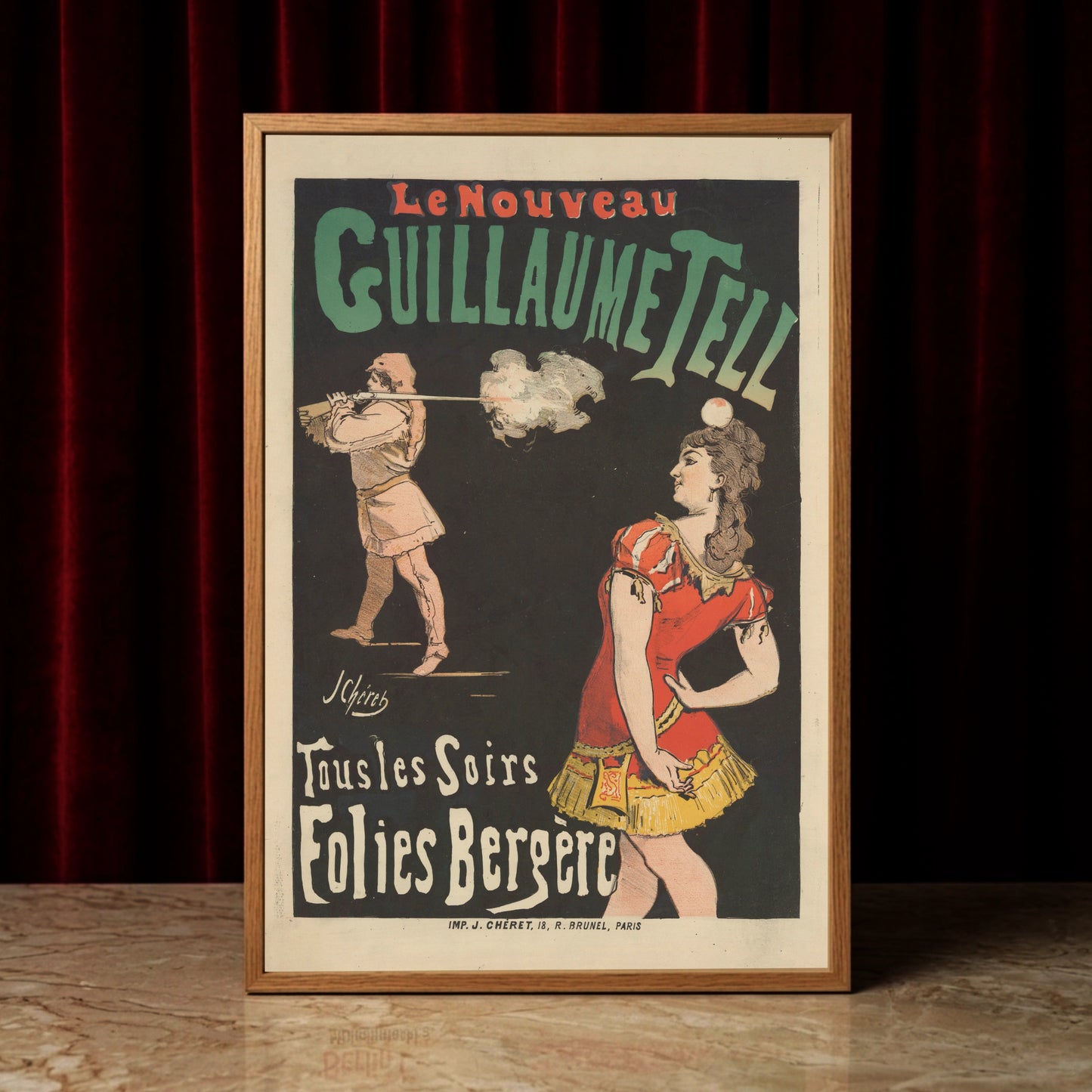 Vintage Plakat von Jules Chéret für das Folies Bergère mit einer Frau in rotem Kleid und einem Apfel auf dem Kopf.