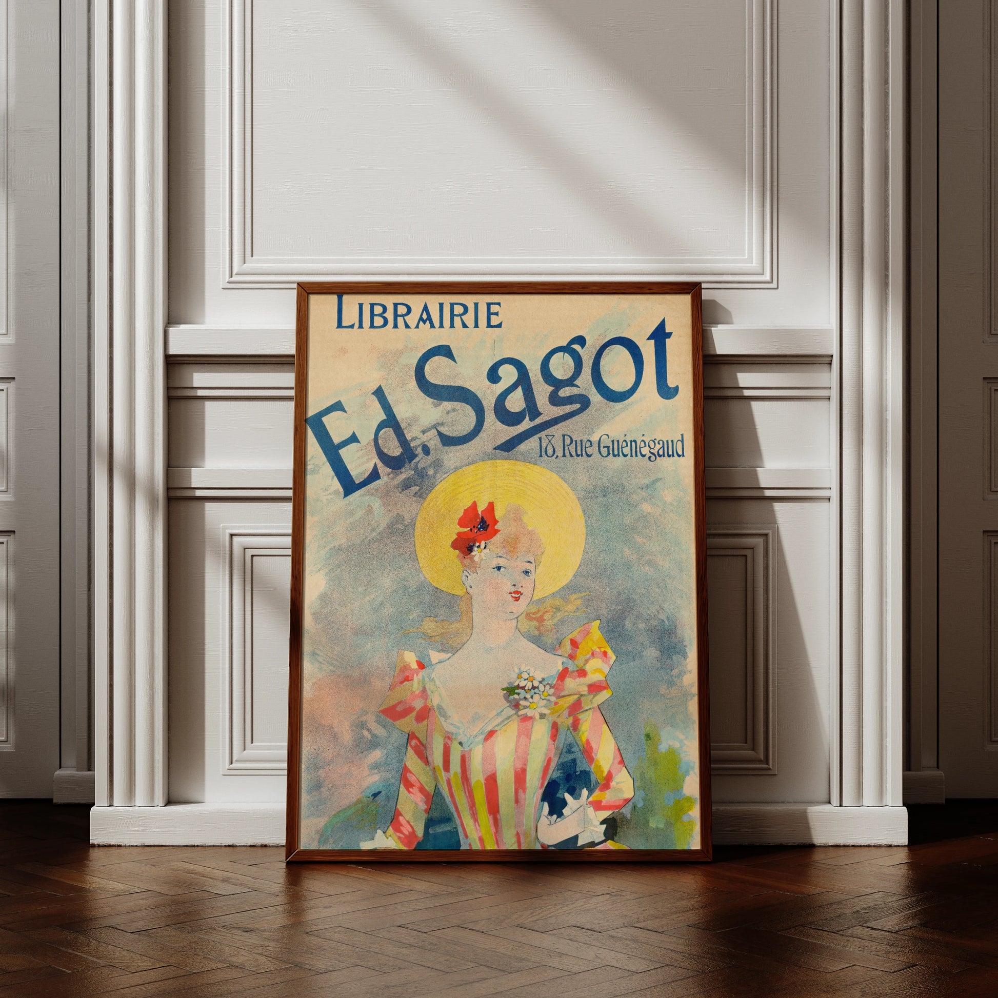 Vintage Plakat Librairie Ed. Sagot von Jules Chéret mit einer eleganten Frau in gelbem Hut.