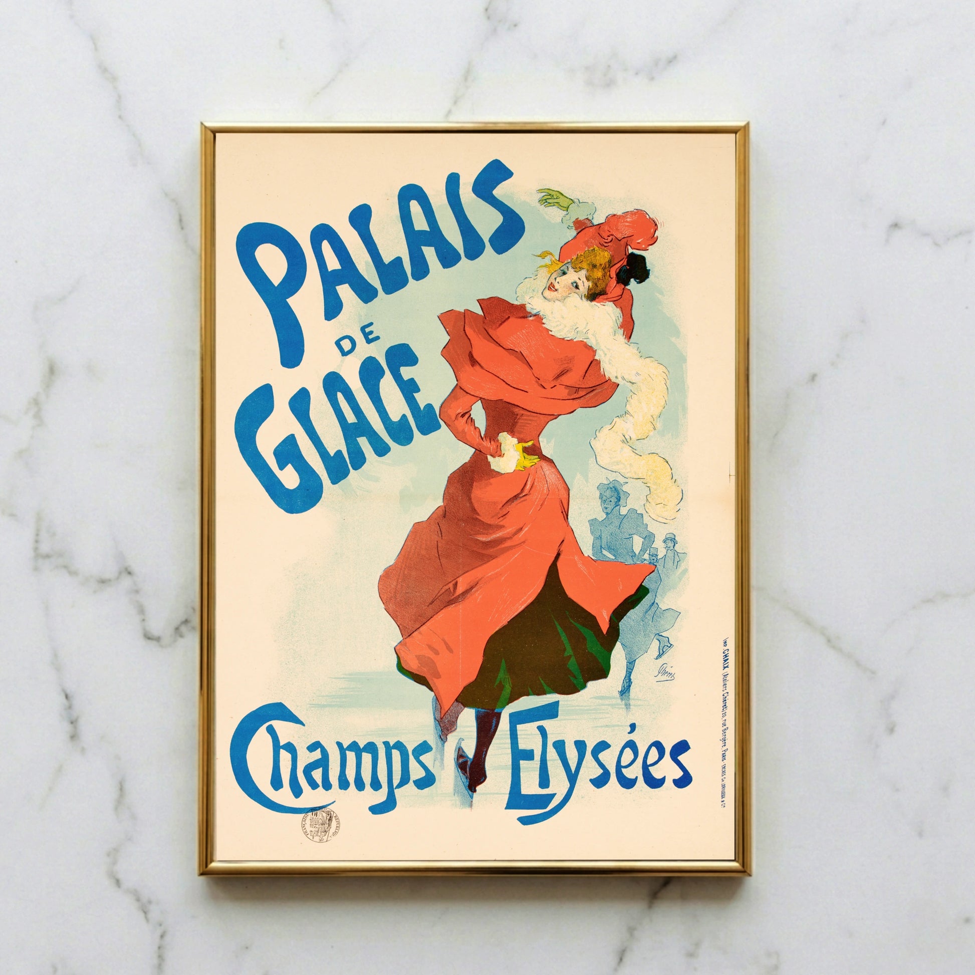 Vintage Poster von Jules Chéret zeigt eine Frau in orangefarbenem Kleid beim Schlittschuhlaufen