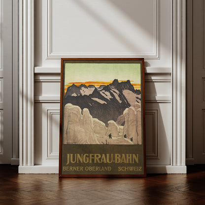 Farblithografie der Jungfrau-Bahn von 1910 mit Bergsteigern im ewigen Eis vor dem Schreckhorn.