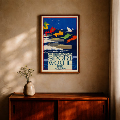 Typografisches Plakat der Wiener Werkstätte Ära für die Sportwoche in Opatija
