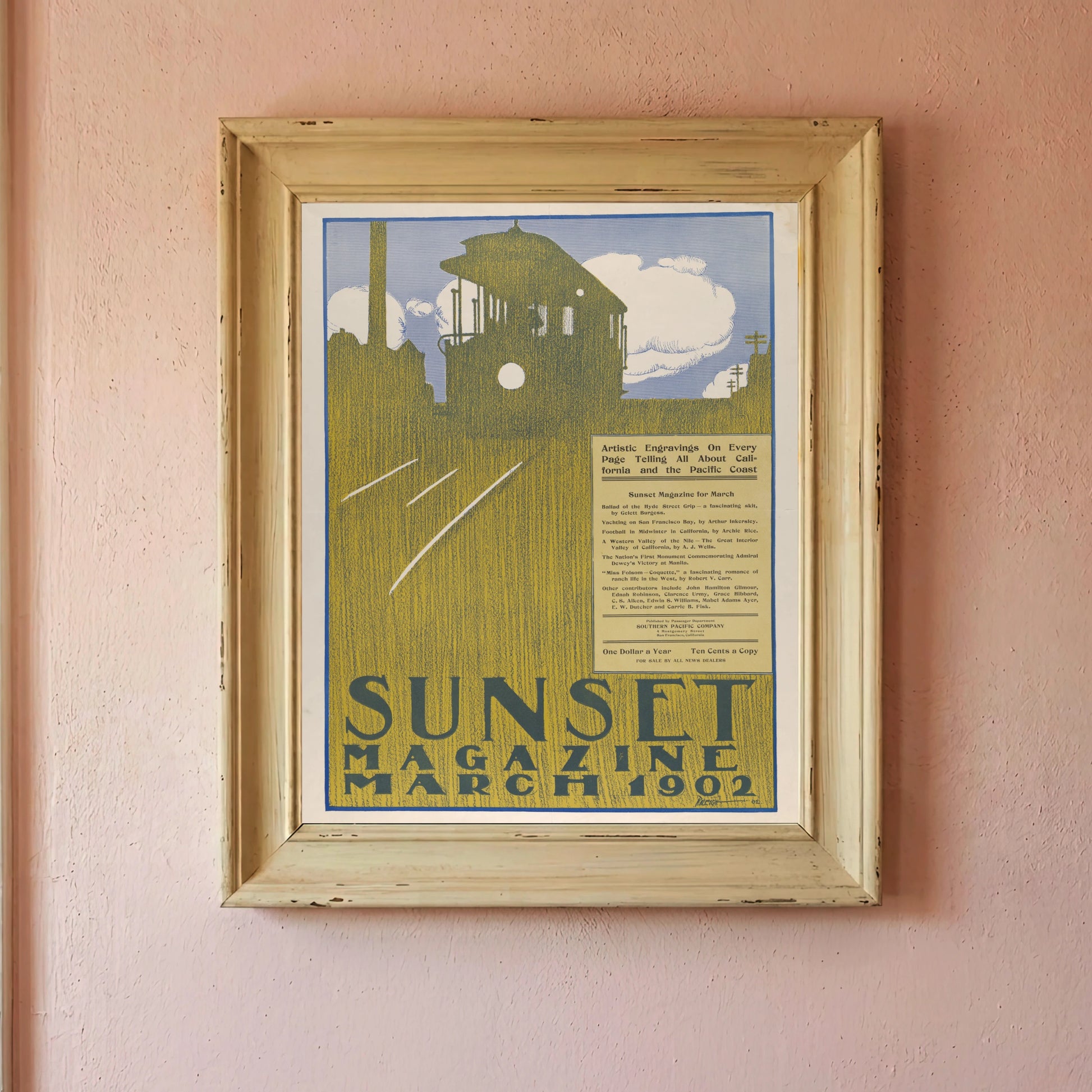 Künstlerisches Plakat im Jugendstil mit markanter Typografie und Stadtansicht San Francisco.