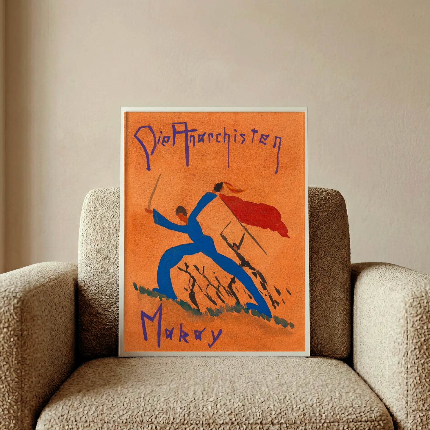 Expressionistische Illustration von Karl Wiener mit dem Titel Die Anarchisten in Blau auf orangefarbenem Grund.