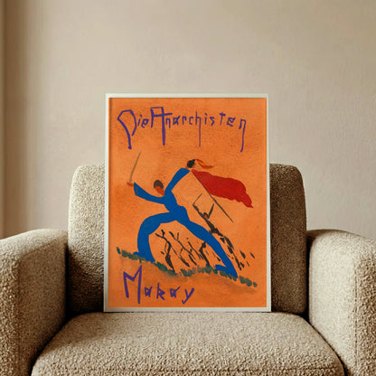Expressionistische Illustration von Karl Wiener mit dem Titel Die Anarchisten in Blau auf orangefarbenem Grund.