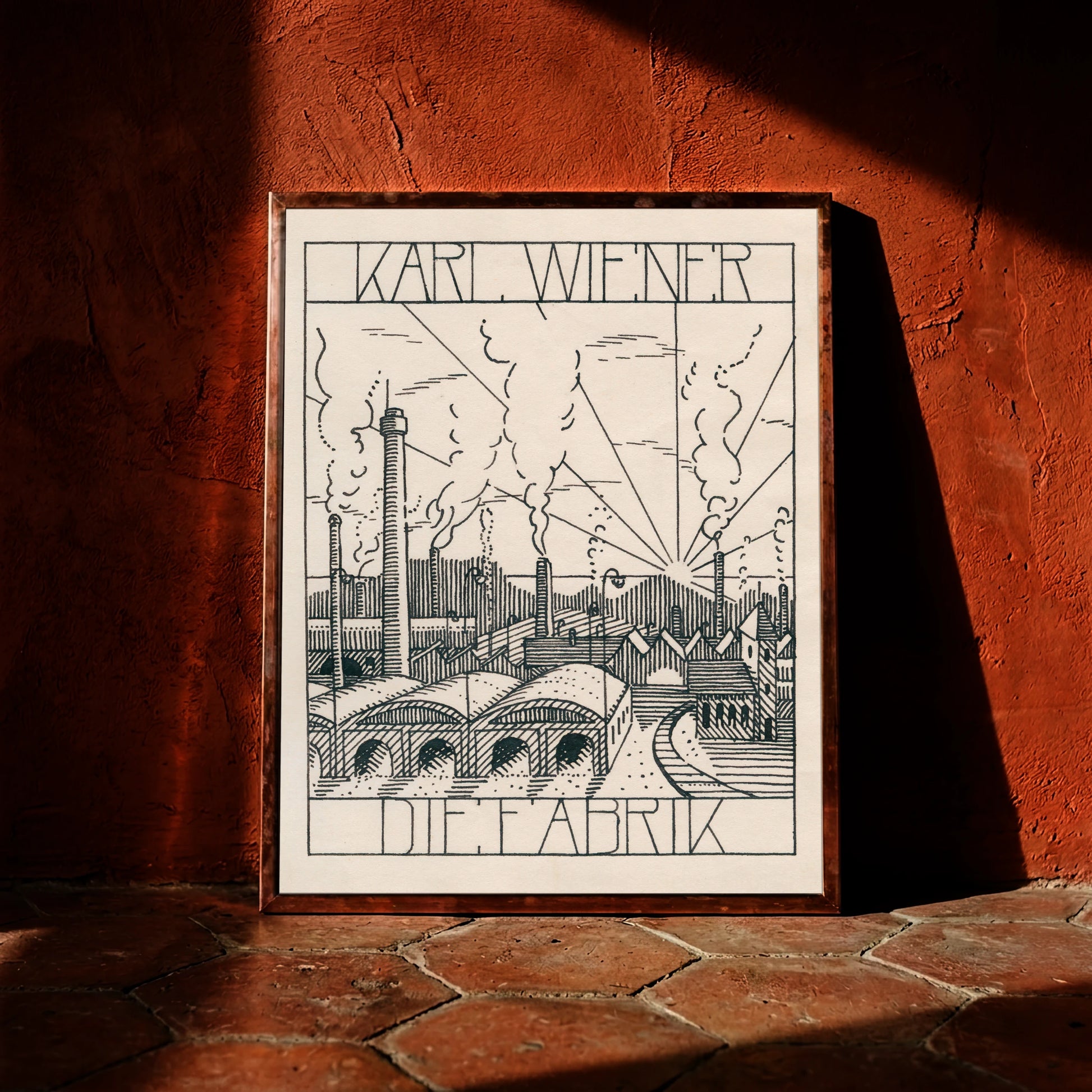 Schwarz-weiße grafische Illustration einer Fabriklandschaft von Karl Wiener um 1920.