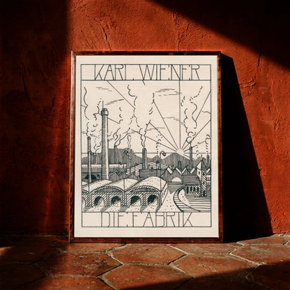 Schwarz-weiße grafische Illustration einer Fabriklandschaft von Karl Wiener um 1920.
