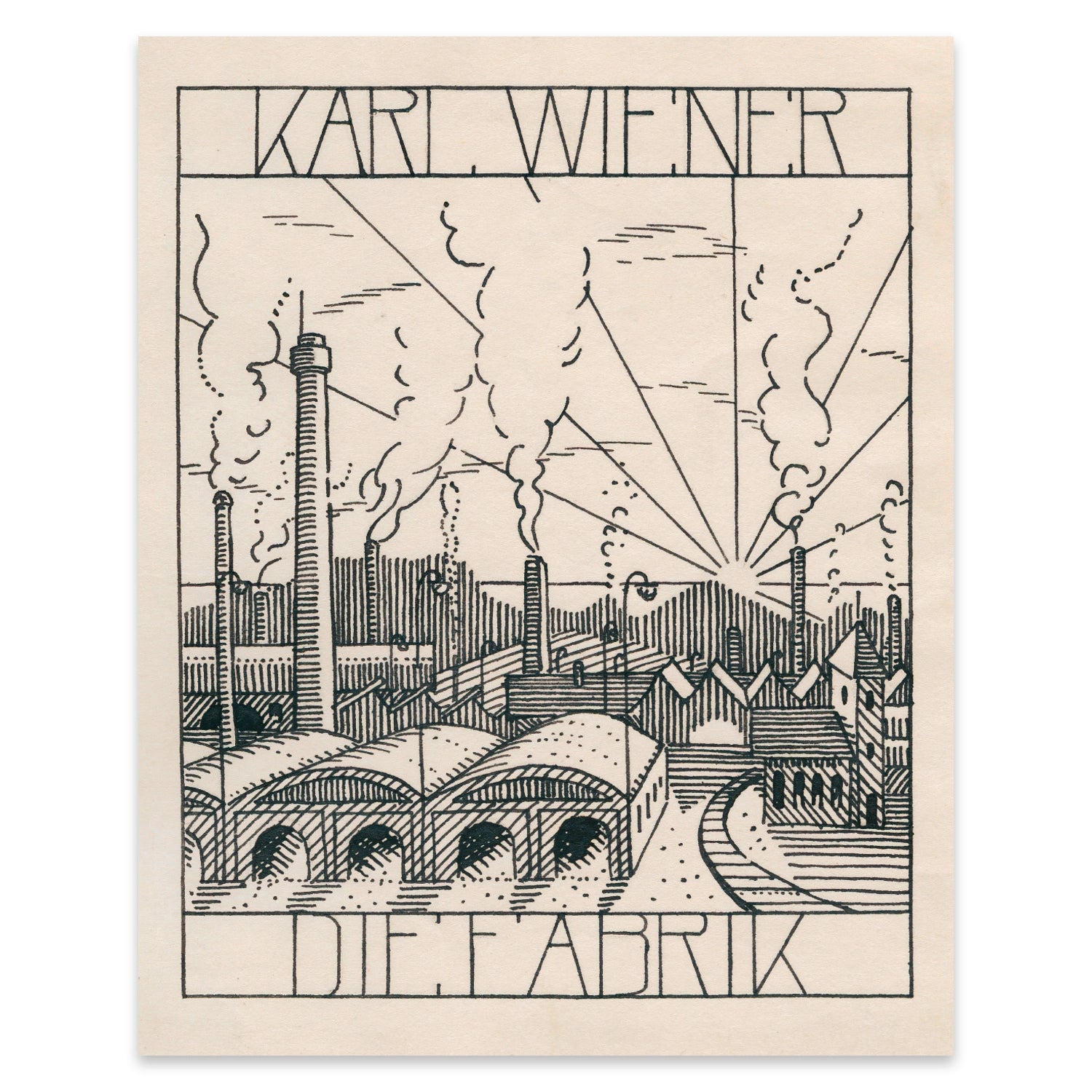 Minimalistische Darstellung von Fabrikhallen und Schloten im Stil des frühen 20. Jahrhunderts.