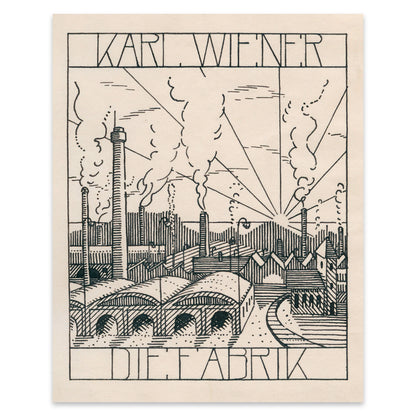 Minimalistische Darstellung von Fabrikhallen und Schloten im Stil des frühen 20. Jahrhunderts.