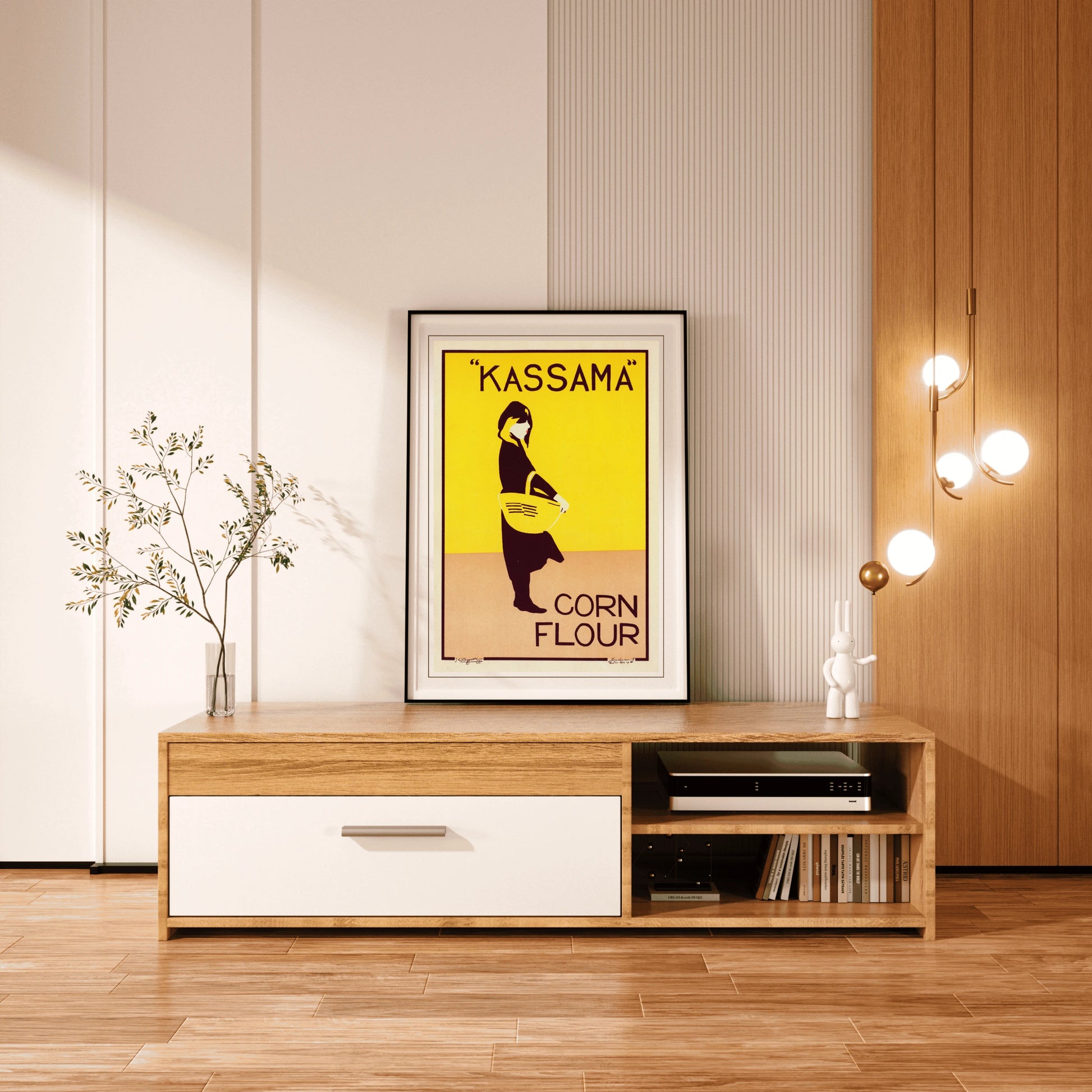 Kassama Corn Flour Vintage Werbeplakat von William Nicholson mit einer Frauen-Silhouette vor gelbem Hintergrund.